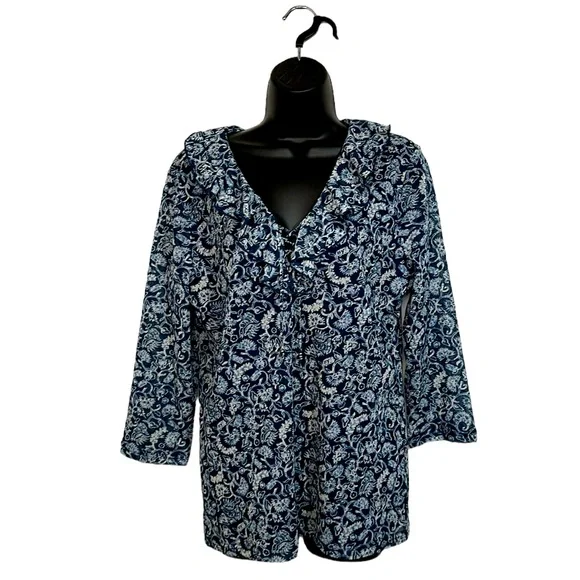 Chaps Denim Blue & White Paisley Ruffle Collar Lace-up neck 3/4 Sleeve Top Sz XL - Picture 1 of 9